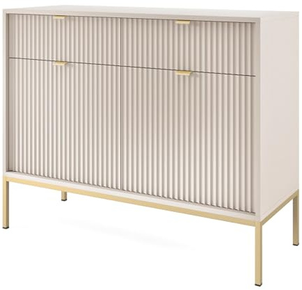 Selsey 2-Türiges Sideboard Greige - Minimalistisches Design Mit Goldgestell & Geriffelten Fronten - Kommode Weiß Mit Schubladen - Breite 104 cm - Ideal Für Wohnzimmer/Schlafzimmer