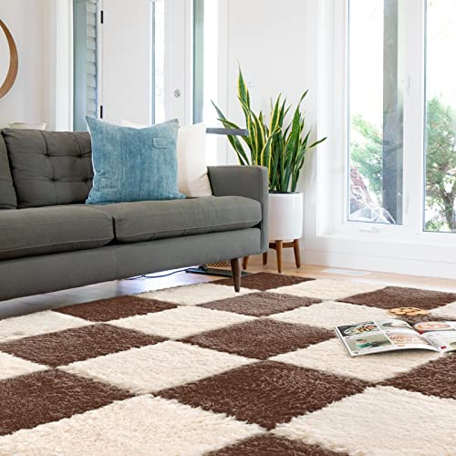 Quolliter 10pcs Carpet Squares Puzzle Floor Mat,30x30cm Plush interlocking Carpet tiles Anti Slip EVA Foam Puzzle rug for kids,Build A Safe Area for Bedroom,floor,Nursery, Playroom(Beige & brown)