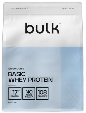 Bulk Basic Protéine en Poudre | Fraise | 2,5 kg | 82 Portions | Jusqu’à 18 g de Protéines par Portion | Faible en Sucres | Formule à Absorption Rapide | Prise de Masse Musculaire et la Récupération
