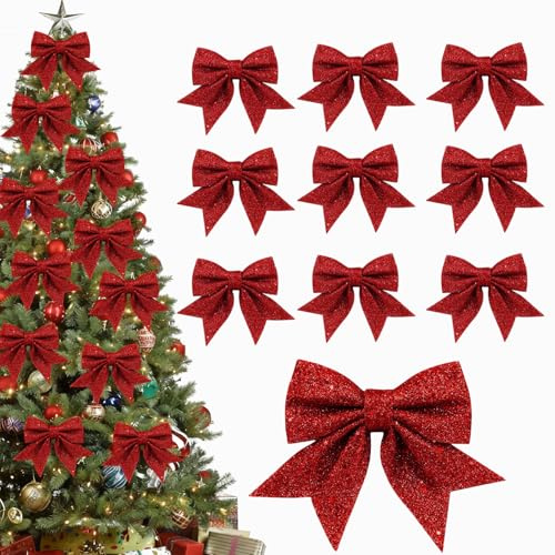 10 Stück Rote Weihnachtsschleifen, Glitzer Schleifen Weihnachtsbaumschmuck, Rote Schleifen, Weihnachtsbaum & Weihnachtsdeko, Weihnachtsbaum-Bogen-Schleife für Weihnachten, Hochzeit ,Feierlichkeiten