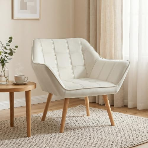 HOMCOM Butaca de Salón Moderna Tapizado Terciopelo Patas Madera Crema | Sillón Lectura, Fácil Montaje, Sillón Relax, para Sala de Estar, Dormitorio, Balcón