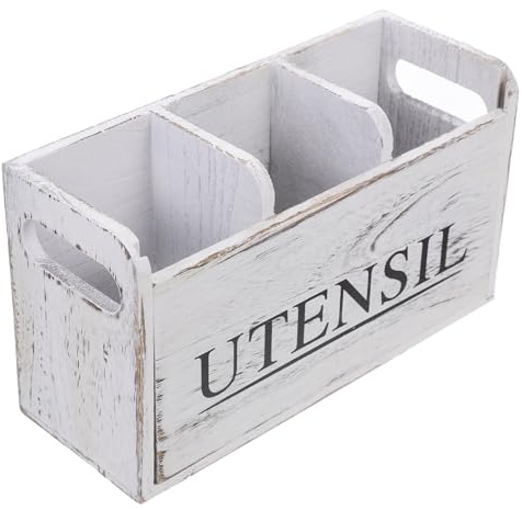 IMIKEYA Organizador de Utensilios de Cocina Rústico de Madera con Compartimentos Soporte Multifuncional para Almacenamiento Estilo Farmhouse Decoración Práctica y Elegante para Encimera