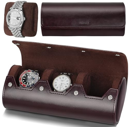 LEFOR·Z Uhrenrolle,Reiseetui,Uhrenbox-Organizer für Herren mit 3 Fächern,Uhrenetui,Uhrenaufbewahrung,Tragbare Uhrenrolle aus PU-Leder (Braun)