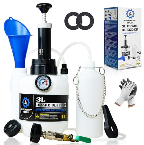 Autokraft Tools Purgeur de Frein 3L - Pompe renforcée en métal - Valve de Contrôle du Débit - Adaptateur Universel E20 - Entonnoir et Gants de Sécurité Offerts - Bouteille de Collecte 1L