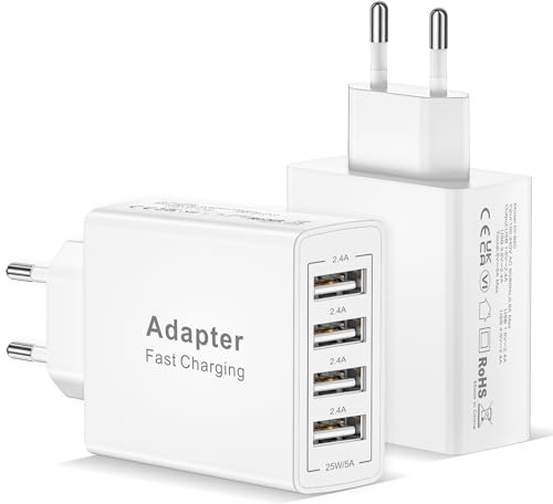 USB Ladegerät 25W 2Pack, 4 Ports Mehrfach Stecker USB Netzteil Ladestecker Netzstecker Ladeadapter USB Charger Handyladegerät für iPhone 17/16/15/14/13/12/11/8/7/SE/XR/SE/8/7/6 Plus/5/5S,iPad