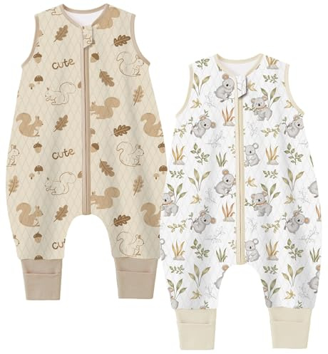 Chilsuessy Baby Ganzjahres Schlafsack mit Füßen 1.5 Tog 2er Pack Kleinkind Schlafsack mit Beinen Baumwolle, 1.5 Tog/Eichhörnchen + Koala, 80cm/Baby Höhe 90-100cm