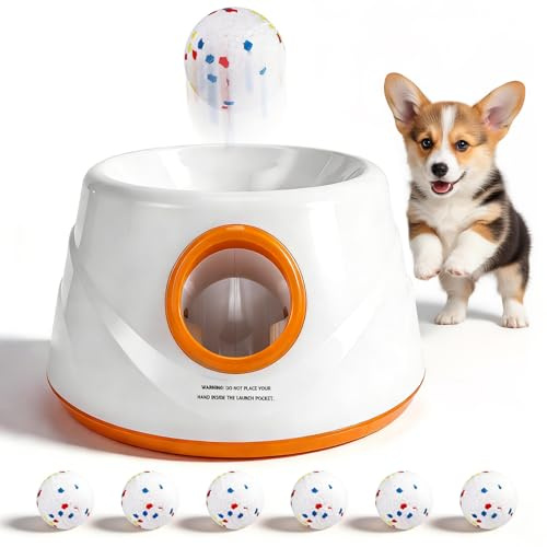 BORDRISE Automatischer Ballwerfer für Hunde, Ballwurfmaschine Hund mit 6 E-TPU Tennisbällen und 3 Distanzstufen Hunde Tennis Ballmaschine Interaktives Hundespielzeug (Wurfweite 20-46ft)