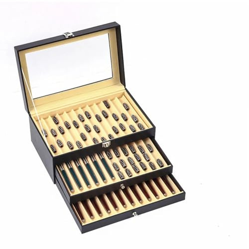 36 Slots Fountain Pen Display Case, 3-Layer PU Leather Organizer with Transparent Glass Lid & Velvet Lining, Drawer Type Fountain Pen Cabinet for Collection & Gift (Beige)