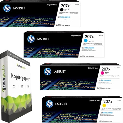green gecko Original Toner Set - 207X Multipack (CMYK) - kompatibel mit HP Color LaserJet Pro M255dw M255dn Color LaserJet Pro MFP M 282nw 283cdw 283fdn 283fdw mit 500 Blatt A4 Kopierpapier