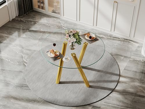 kozamas Mesa de comedor redonda de 89 cm – Mesa de comedor de cristal templado con patas de metal doradas, mesa de cocina moderna para 4 personas, fácil de limpiar y resistente a los arañazos, diseño