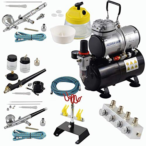 Agora-Tec® Airbrush Komplett-Set PROFI XVIII.13, inkl. Kompressor mit 4 bar, 20l/min und 3 Liter Tank + 3 Airbrushpistolen mit 0,2 & 0,3 & 0,5 & 0,8mm Nadeln/Düsen + regelbaren 4-fach Luftdruckverteiler + 4-fach-Halter + Clean-Pot + 3 Schläuche + Adapter