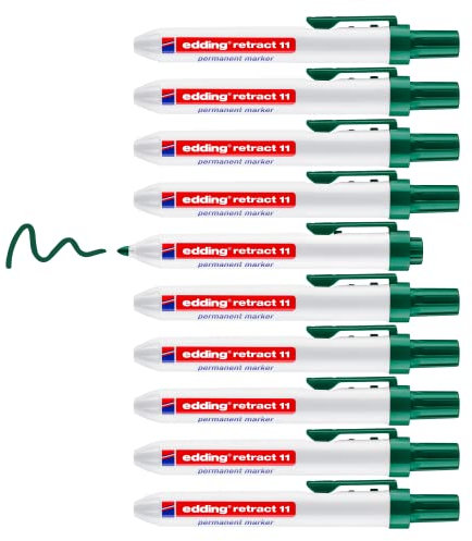 edding retract 11 Permanentmarker - grün - 10 Stifte - Rundspitze 1,5-3 mm - wasserfest, schnelltrocknend - für die einfache Einhandbedienung - für Karton, Kunststoff, Holz, Metall, Glas