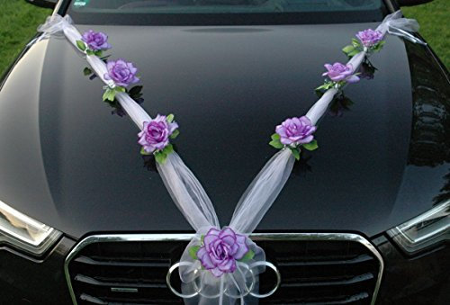 Organza M Auto Schmuck Braut Paar Rose Deko Dekoration Autoschmuck Hochzeit Car Auto Wedding Deko (Lila/Weiß)