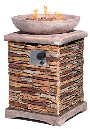 COSIEST Propangas-Feuerstelle für den Außenbereich, Tisch mit braunem, kompaktem Ledge Stein, 50,8 cm, quadratischer Sockel und runder Schale aus künstlichem Rosen-Marmor, zertifiziert, 40.000 BTU