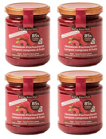 Dalia Gourmet - Composta con 85 % di Frutta | Senza aggiunta di zuccheri con ERITRITOLO - STEVIA | Prodotto artigianale italiano | 4 pezzi da 220 g (Lamponi)