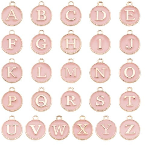 Craftdady 26 ciondoli smaltati a forma di lettera dell'alfabeto dalla A alla Z, rosa, piatti e rotondi con iniziale maiuscola, per la creazione di gioielli, in lega smaltata, Lega smaltata
