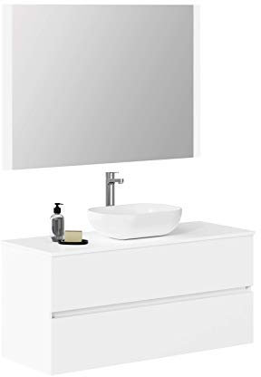 Baikal Mueble de Baño Onyx. Mueble MONTADO, Mueble 2 cajones. Mueble Baño con Lavabo. Mueble Suspendido. Armario de Pared. Lavabo Cerámico. Incluye Espejo. 120cm Blanco.