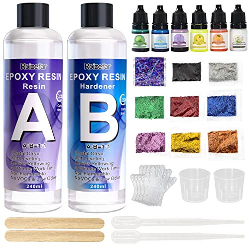 Resina Epossidica Trasparente Kit 480ml, Rapporto 1:1 Starter Kit per Principianti Comprendente Resina e Di indurente, Pigmenti, Glitter, Resina per Creazioni Fai da te