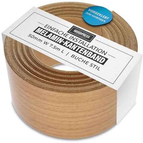 WoodPress® 50mm Buchenholz-Stil Melamin Kantenumleimer mit Schmelzkleber – 7,5m Rolle – Einfaches Aufbügeln für Heimwerker