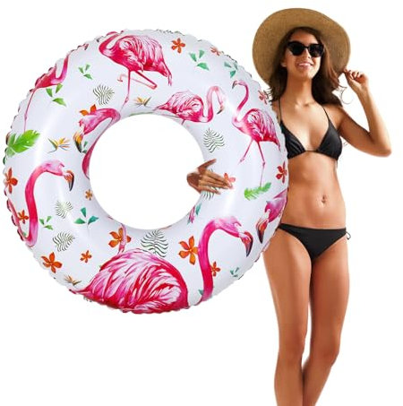 HeySplash Cartoon Schwimmring, Aufblasbar Haltbar Runde Schwimmreifen Flamingo Sommer Pool Beach Party Lounge Floßrohr Spielzeug mit Reparatursatz für Erwachsene 80 cm Durchmesser, Weiß+Rosa