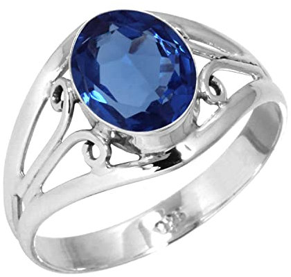 Jeweloporium Blauer Saphir Kunstsilberring Größe 50 (15,9), 925 Sterling Silber Ring für Damen, Ovaler Edelstein Handgefertigter Schmuck