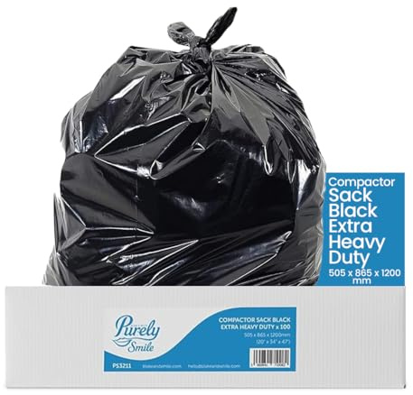 Blake & White 25kg Capacity Compactor Black Sacks - Purely Smile Ultra Durable & Eco Friendly Recyclable Bin Bags - Extra Heavy Duty Bin Liners for Household, Office, and Kitchen - Box of 100