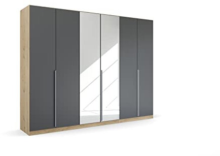 Rauch Möbel Dark & Wood by Quadra Spin Schrank Drehtürenschrank, Grau metallic/Eiche Artisan, Schwarz, Holz, 6-trg. mit Spiegel, inkl. 3 Kleiderstangen, 3 Einlegeböden, BxHxT 271x210x54 cm