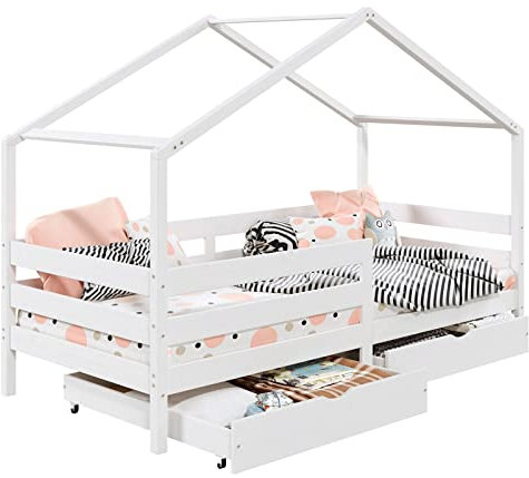 IDIMEX Hausbett ENA aus massiver Kiefer, schönes Montessoribett in 90 x 200 cm, Kinderbett mit Rausfallschutz, stabiles Spielbet mit Dach und 2 Schubladen in weiß