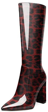 Mettesally Stivali alti da donna, a punta con tacco alto e grosso, con cerniera al ginocchio in inverno Stivali con cerniera al polpaccio Leopardo Rosso EU37