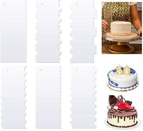 6 Pièces Grattoir Gateau Patisserie 24x10cm en Acrylique Lisseur Gateau Professionnel Patisserie Peignes de Décoration de Gâteau Gâteau Crème Outil de Finition 11 Lisse et Rayé DIY Dentelle Gâtea