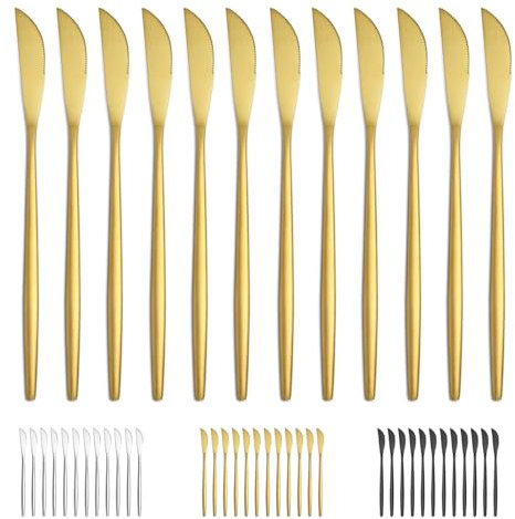 Bestdin Juego de 12 cuchillos de mesa (21 cm, 21 cm), color dorado mate, de acero inoxidable, cuchillo de desayuno, cuchillo de mantequilla/cuchillo de postre, para uso doméstico, cocina, apto para
