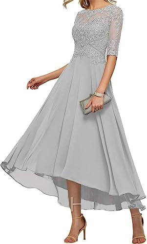 SAMHO Damen Spitze Applique Mutter der Braut Kleider Chiffon Tee Länge Mutter des Bräutigams Kleider für Hochzeit, silber, 56