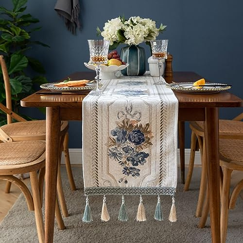 Luxus Tischläufer mit Multi-Quasten, Lange Elegante Stickerei Jacquard Tischläufer Kommode Schal für Esszimmer Party Bankett Couchtisch, Weiß, 32x180cm