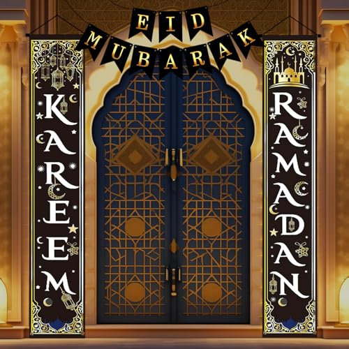 IWTBNOA Ramadan Dekoration Banner, 3 Stück Eid Mubarak Dekoration Hintergrund Banner, Ramadan Wimpelkette, Ramadan Veranda Banner, Muslimische Feier Banner für Muslim Islam Ramadan Garten Deko