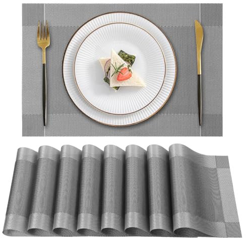 Gucass 8er Set Tischsets Abwaschbar, PVC Platzsets Abwischbar Platzdeckchen, Placemats Abgrifffeste Hitzebeständig rutschfest, Tischmatten für Küche Restaurant Speisetisch, 45x30cm(Grau)
