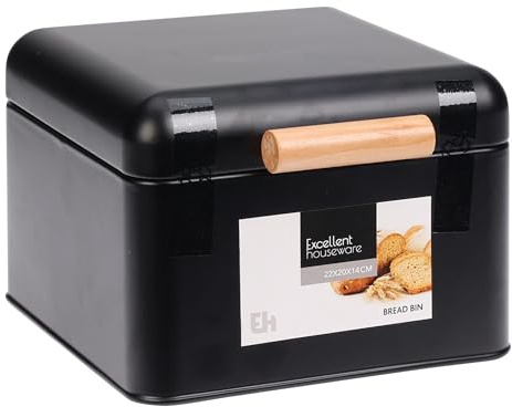 Excellent Houseware Bread Bin Metal Storage Canister Square Bread Loaf Storage Container Box Baked Good Pastries Kitchen Countertop Storage Canister with Hinged Lid Space Saving, Matte Black