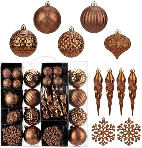 Weihnachtsbaumschmuck-Set mit bruchsicheren Weihnachtskugeln, Eiszapfen, Schneeflocke, hängende Ornamente für Zuhause, Büro, Bauernhaus, Weihnachtsdekoration, Bronze, 50 Stück