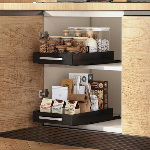 NAYAHOSE 2 Stück Teleskopschublade, Ausziehbare Schubladen Aufbewahrungsregale, Ausziehbarer Schrank Organizer, Korbauszug Küchenschrank Organizer mit Griff, Slide Out Drawer Cabinet Küche (Schwarz)