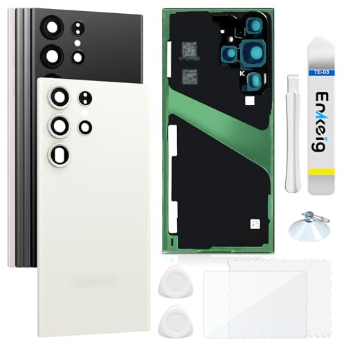 Enkeig Tapa Trasera Vidrio para Reemplazo Samsung Galaxy S23 Ultra S918 Parte Trasera de Cristal Trasero con Kit de Reparación (Blanco)