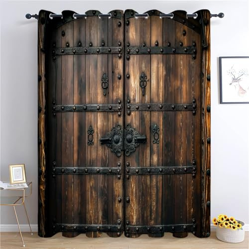 Blickdichte Gardinen Holztür Mit Eisenstange Im Mittelalterlichen Stil Verdunkelungsvorhang - Lichtundurchlässige Vorhang mit Ösen für Schlafzimmer Geräuschreduzierung 260 x 140 cm (HxB), 2er Set