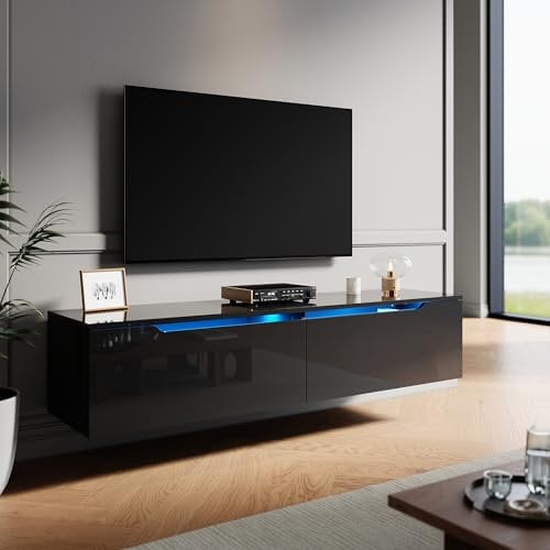 ELEGANT Gloss Black Floating TV Unit Cabinet 1400x350x300mm Wall Mounted TV Shelf, Entertainment Center for Living Room, Floor-standing Available