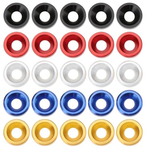 SG Store Lot de 25 rondelles à tête fraisée M3 x 8 mm x 2 mm en alliage d'aluminium Joints colorés Contient 5 pièces de chacune en noir/rouge/bleu/argent/or pour accessoires de vis de meubles de