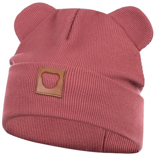 Smarilla Mütze Übergangsmütze Junge Mädchen Herbstmütze Frühlingsmütze Beanie Ohren gerippt, Größe: 50-52, Farbe: Ziegelrot