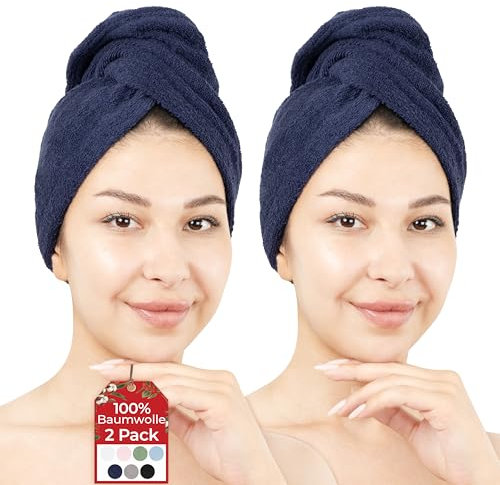 Hammetex 2er Set Badehandtuch 100% Baumwolle, Flauschig Saugstark und Schnelltrocknend, Handtuch mit Knopf für Haare, Damen, Dunkelblau