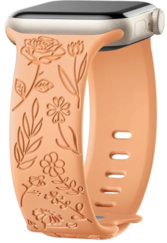 Mastten Floral Engraved Strap Compatible with Apple Watch Straps 38mm 40mm 41mm 42mm Women, Soft Silicone Elegant Rose Floral Band for iWatch SE 3 2 1 Series 11 10 9 8 7 6 5 4 3 2 1, Sunshine