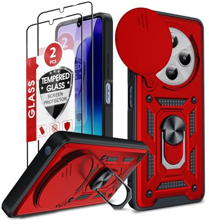 LeYi Funda para Xiaomi Redmi 14C/14 C 4G/Xiaomi Poco C75 con [2-Unidades] Cristal Vidrio Templado, Carcasa Cubierta de cámara Deslizante Proteger Anillo Soporte Silicona TPU Armor Bumper Case, Rojo