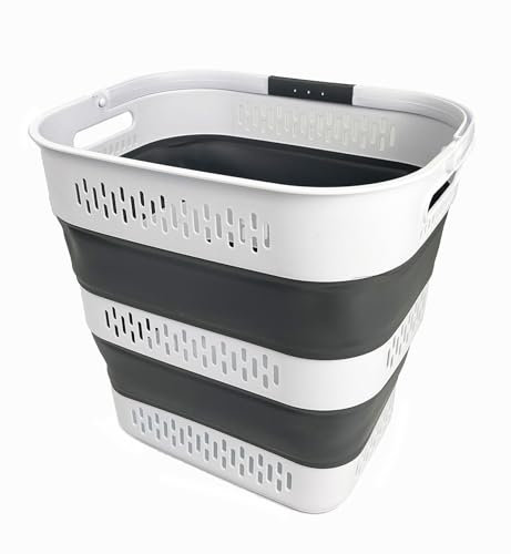 SAMMART 40L Zusammenklappbarer Wäschekorb aus Kunststoff mit Griffen – faltbarer Pop-Up-Aufbewahrungsbehälter/Organizer – tragbarer Wäschesammler – platzsparend (1, Weiß/Stahlgrau)