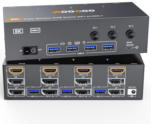 KVM Switch 3 Monitore 3 Computer 4K@144Hz 8K@60Hz, Displayport + HDMI USB3.0 KVM-Switches mit 4 USB 3.0 Anschlüssen, kabelgebundener Fernbedienung, Netzteil und USB3.0 Kabel im Lieferumfang enthalten