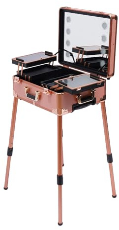 Kosmetikkoffer Trolley Schminkkoffer, 22in Rolling Makeup Train Case Professionelle Künstler Kosmetik Organizer Box 3 Lagen mit Spiegellichtern Nail Tech Organizer Storage, 8 LED-Lampen (Roségold)