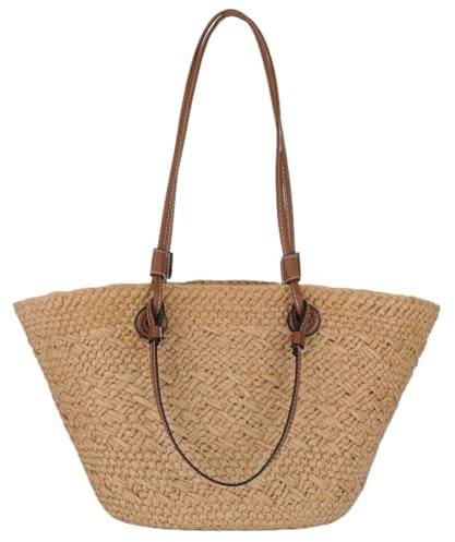 Fiorky Straw Tote Beach Bag Striped Shoulder Handbag Women Woven Tote Bag Fashion Shoulder Bag Large Capacity Summer Beach Bags Trendy Braided Bag Stylish Weaving Bag for Shopping Picnic